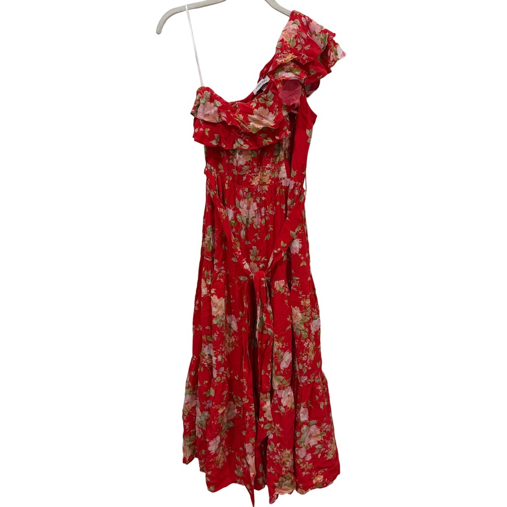 Yumi Kim Malia One Shoulder‎ Ruffle Floral Midi Dress Red DR-20366 Womens Medium